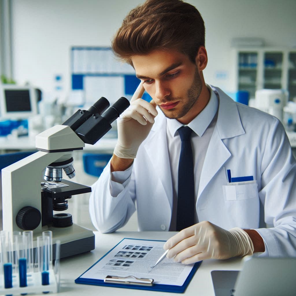 copilot einen jungen mitarbeiter bei der untersuchung einer laborprobe achte auf viele details